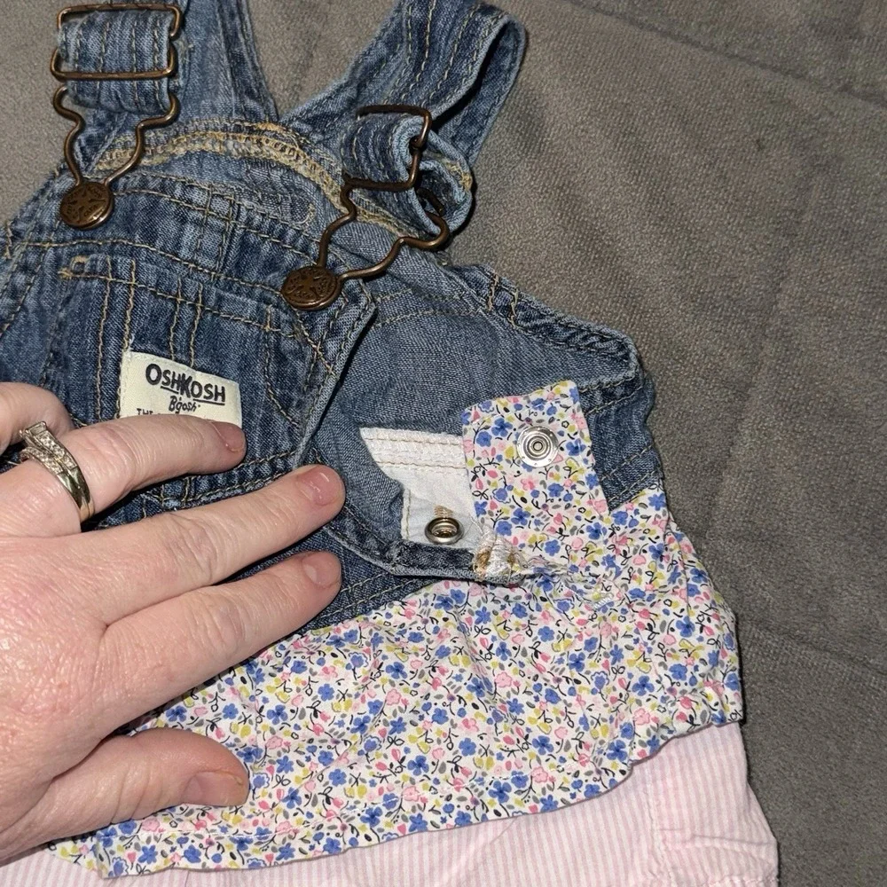 OshKosh B'Gosh Denim VestBak Overall Dress 6 Mon Ruffled Tiers Skirt Pink Floral